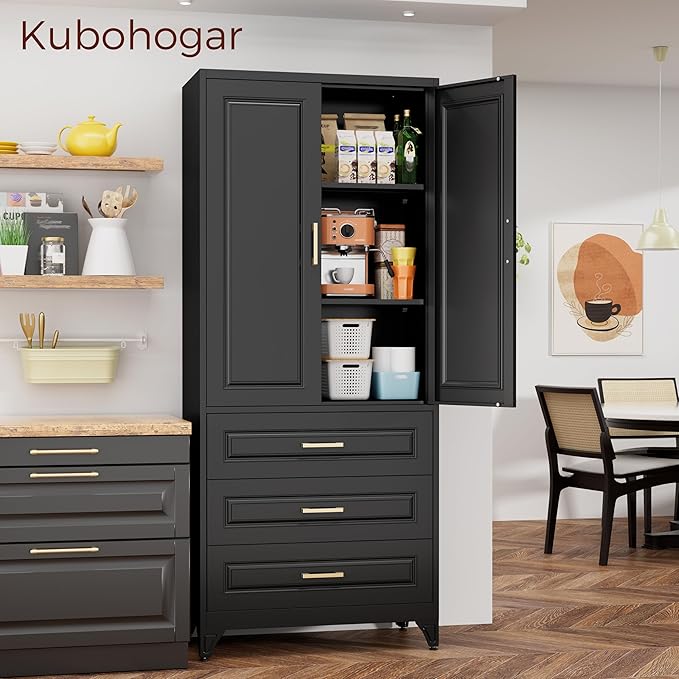 75" Kitchen Pantry Cabinet, Metal Storage Cabinets with Doors and Adjustable Shelves, Black Tall Pantry Cabinet with 3 Drawers for Dinning Living Room-Ruum Studio Home