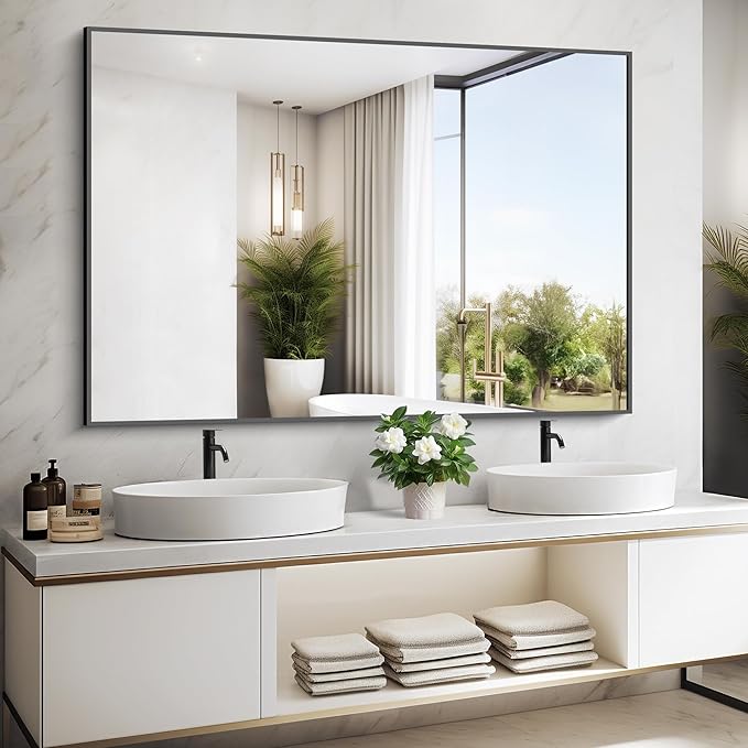 Bathroom Black Mirror, 36x55in Black Rectangle Mirror with Thin Metal Frame, Large Rectangular Wall Mirror for Bathroom, Living Room, Hair Salon, Big Farmhouse Mirror Hang Horizontal/Vertical-Ruum Studio Home