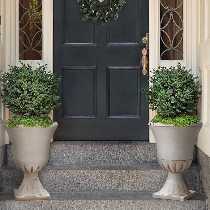 Worth Garden Plastic Urn Planters for Outdoor Plants, Tree 22'' Tall 2 Pack Round Classic Resin Flower Pots Indoor Beige Traditional Front Porch 15 in Dia. Large Imitation Stone Decorative Patio Deck-Ruum Studio Home