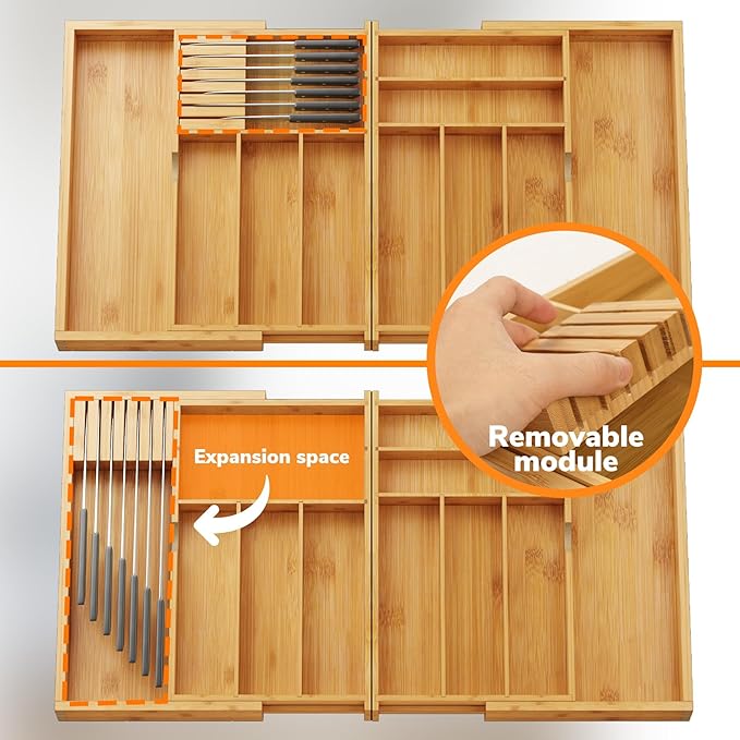 BAMEOS Expandable Silverware Drawer Organizer with Removable Knife Blocks, Bamboo Kitchen Utensil Holder from 21" to 36", Large Cutlery Tray with Divider for Forks, Spoons, Knives-Ruum Studio Home