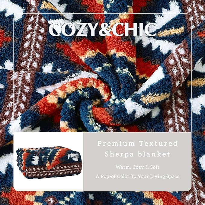 CASAAGUSTO Boho Sherpa Throw Blanket, Aztec King Size Blanket, Ultra Soft, Warm, Cozy, Plush, Thick Fleece Bohemian Throw Blanket for Couch, Bed, Sofa (Navy 108 * 90 Inch)-Ruum Studio Home