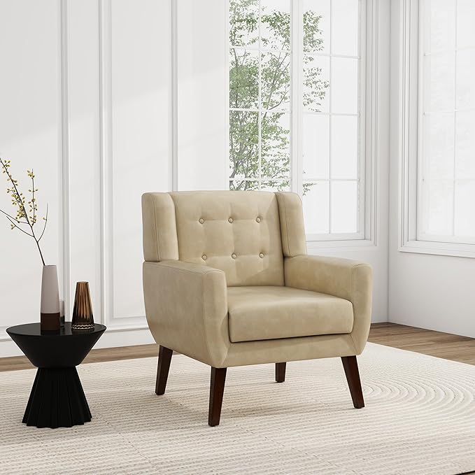 UIXE Faux Leather Accent Chair, Modern Arm Club Chair Upholstered Armchair for Living Room, Comfy Single Sofa Seats Button Tufted Reading Seating, Cream-Ruum Studio Home