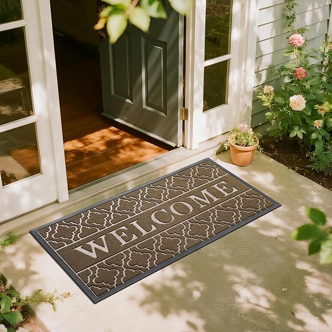 Yimobra Welcome Mat Outdoor Indoor, All-Season Waterproof Front Door Mat Outside Entrance, All-Weather Heavy Duty Non-Slip Doormat, Low Profile Porch Patio Entrance Mats, 47x24, Coffee-Ruum Studio Home