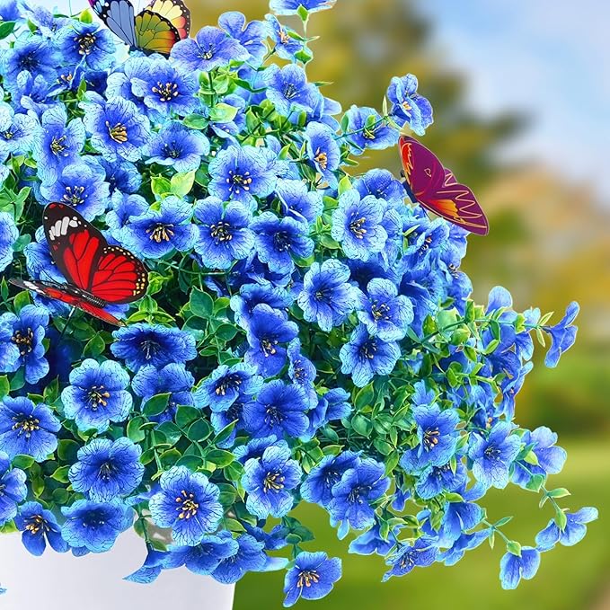 ‌20 Bundles Artificial Flowers for Outdoors‌ with 6 Faux Butterflies, UV Resistant ‌Fake Flowers‌ with Eucalyptus Leaves, ‌Artificial Plants Outdoor‌ for Patio Garden Porch Home Decor (Blue)-Ruum Studio Home