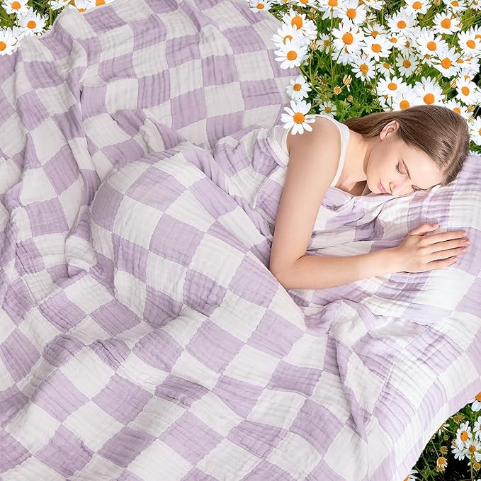EMME Checkered Cotton Blanket Queen Size for Bed Soft Large Muslin Bed Blankets 80"x90" Lightweight Breathable Cooling All Season, Lavender-Ruum Studio Home