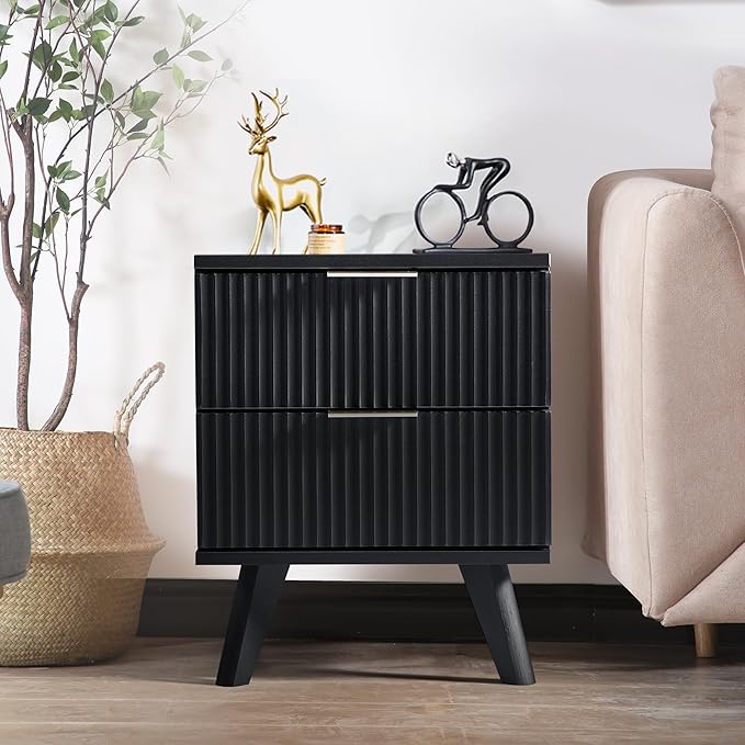Fluted Nightstand, Mid Century Modern 2 Drawer Bedside Table for Bedroom, Small Dresser Night Stand Side Table End Tables with Wood Drawer Storage for Bedroom Closet(Black)-Ruum Studio Home