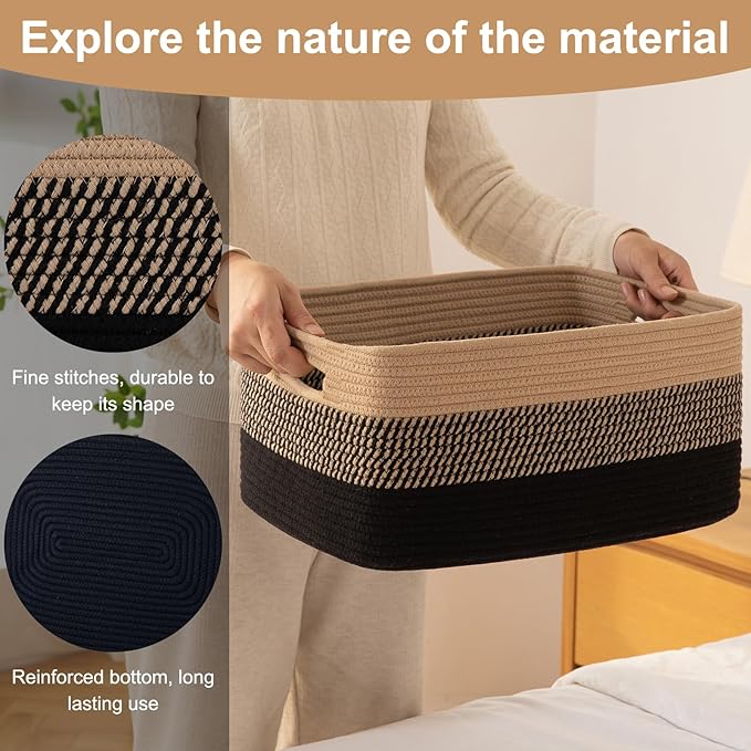 Large Storage Basket for Organizing, Woven Rope Basket for Shelves, Closet Organizer Bins for Clothes, Blanket, Toys, Baby Nursery Storage, 17.7" x 13" x 7.87", 2 Packs Black & Brown-Ruum Studio Home