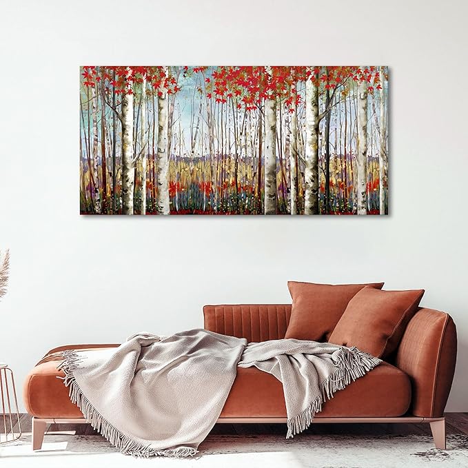 Canvas Wall Art for Living Room Bedroom Modern Wall Decor of Red Leaves White Birch Tree Forest Giclee Print Painting Artwork Wall Decoration 24x48 Large Size with Wood Framed Easy to Hang for Home-Ruum Studio Home