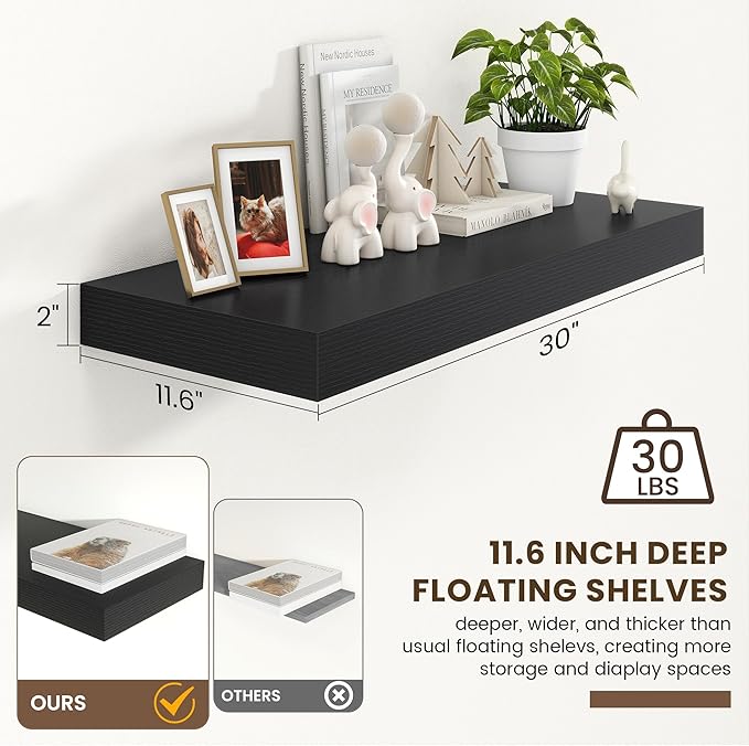 Deep Floating Shelves for Wall | 30 Inch Wide x 12 Inch Black Deep Floating Shelves | 30W x 12D Rustic Wood Wide Wall Shelves | Bookshelf Laundry Shelf TV Shelf-Ruum Studio Home