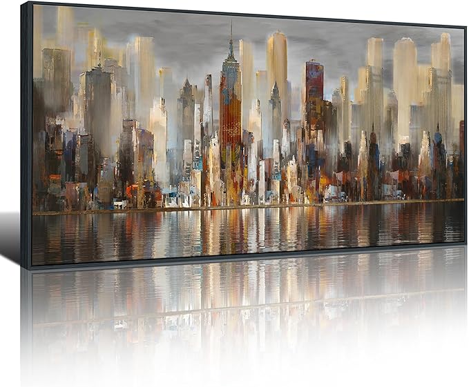 Mofutinpo Large Black Framed Cityscape New York abstract wall art Brown City Theme Paintings Modern Canvas office wall decor living room modern artwork Size 30x60-Ruum Studio Home