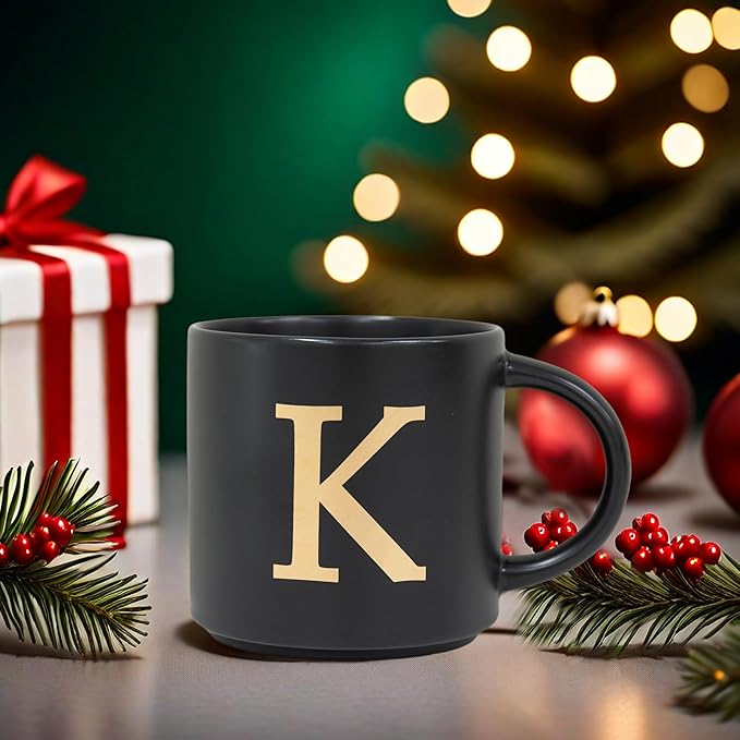 COLLECTIVE HOME - Monogram Ceramic Mugs, 15 oz Golden Initial Black Coffee Cups, Elegant Alphabet Tea Mugs, Elegant Personalized Mug with Gift Box, Unique Mug with Double Side Capital Lette (K)-Ruum Studio Home