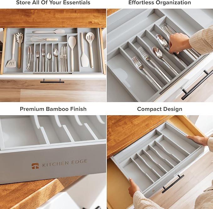 Premium Silverware, Flatware and Utensil Organizer for Kitchen Drawers, Food-Safe Contract Grade, Expandable from 18 to 33 In, Gray Bamboo-Ruum Studio Home