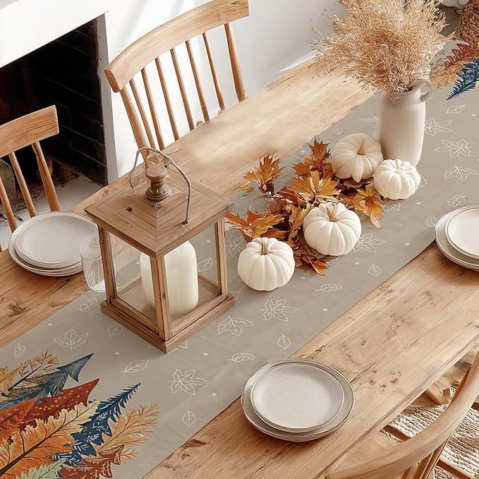 GEEORY Fall Watercolor Trees & Maple Leaves Table Runner 13x72 Inch, Rustic Farmhouse Autumn Thanksgiving Decor for Kitchen, Dining, Indoor/Outdoor Holiday Dinner Party Orange Grey GT159-72-Ruum Studio Home