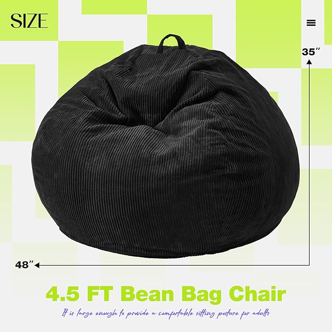 Hobestluk 4.5FT Bean Bag Chair Giant Bean Bag Chair with Filler Included Adult Bean Bag Chairs with Removable Cover for Bedroom Living Room - (Jumbo, Black)-Ruum Studio Home