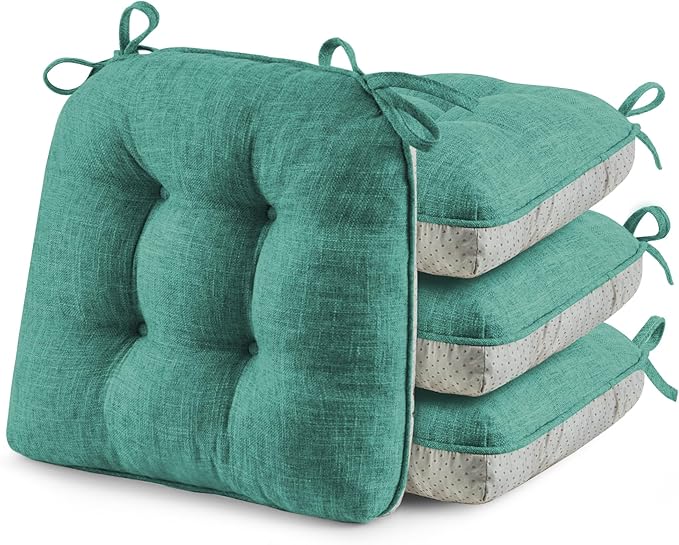 puredown® Chair Cushions for Dining Chairs, Tufted Memory Foam Chair Pads with Non-Slip Backing, Kitchen Seat Cushions with Ties, Washable Seat Pad Set of 4, 15.5" x 15.5" x 4", Green-Ruum Studio Home