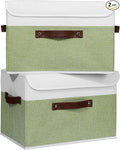 ANMINY 2PCS Storage Boxes with Lid Washable Decorative Storage Bins Basket with PU Leather Handle Foldable Linen Fabric Storage Cubes Containers for Home Closet Organizer - Green White, Large Size-Ruum Studio Home