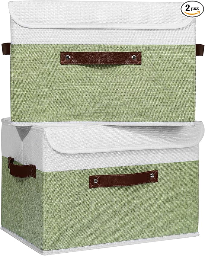 ANMINY 2PCS Storage Boxes with Lid Washable Decorative Storage Bins Basket with PU Leather Handle Foldable Linen Fabric Storage Cubes Containers for Home Closet Organizer - Green White, Large Size-Ruum Studio Home