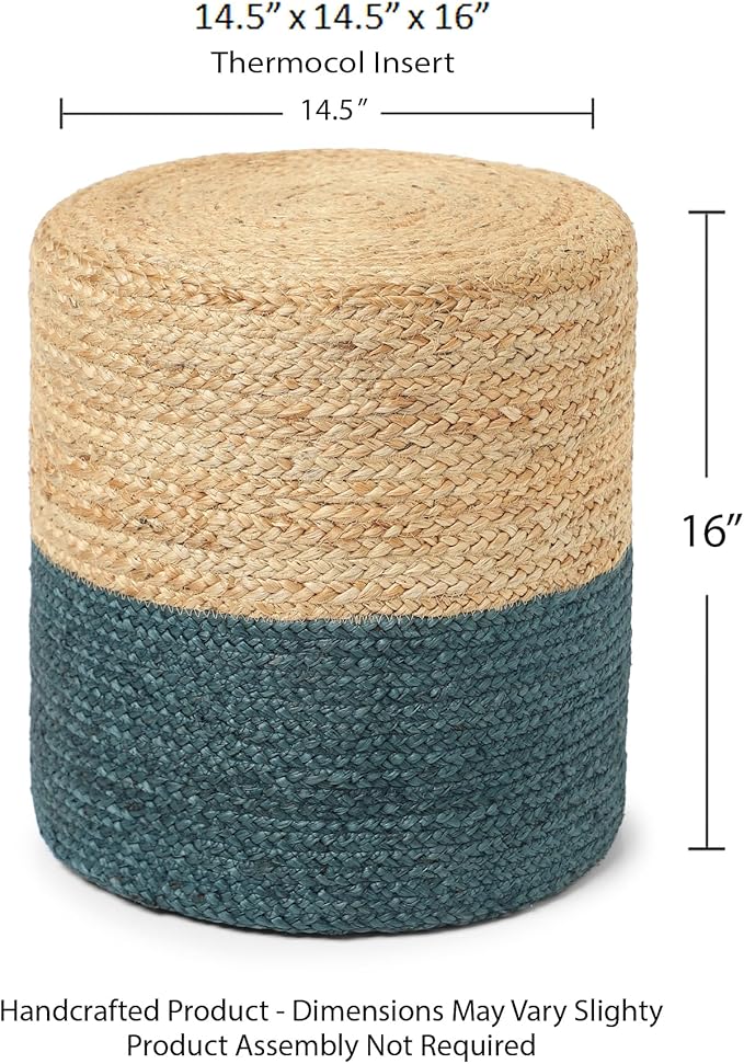 REDEARTH · Cylindrical Pouf Foot Stool Ottoman - Jute Braided Pouffe Poof Accent Sitting Footrest for Living Room, Bedroom, Nursery, Patio, Lounge Set of 2 (Natural Teal, 14.5"x14.5"x16")-Ruum Studio Home