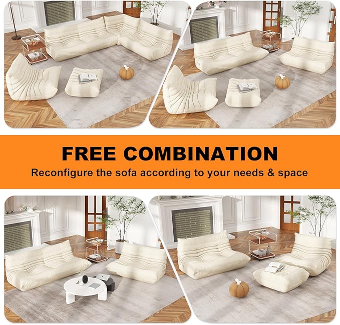 Full Foam Loveseat Sofa,Adults Bean Bag Chairs Floor Couch with Soft Waterproof Fabric,Armless Fireside Lounge Chair for Living Room,Apartment and Office (Whtie)-Ruum Studio Home