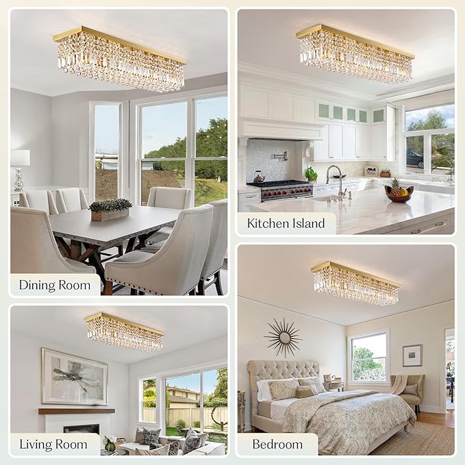 Rectangle Chandelier 8-Light Crystal Chandeliers, Modern Dining Room Light Fixture Luxury Gold Rectangular Flush Mount Chandelier Ceiling Light for Dining Room Living Room Kitchen Island Bar L40 Inch-Ruum Studio Home