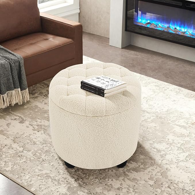 Furniliving Modern Round Storage Ottoman,Button Tufted Ottoman Foot Stools Ottoman Footstool with Removable Lid Storage Ottomans for Living Room, Bedroom, Makeup Room，Sherpa, IvoryWhite-Ruum Studio Home