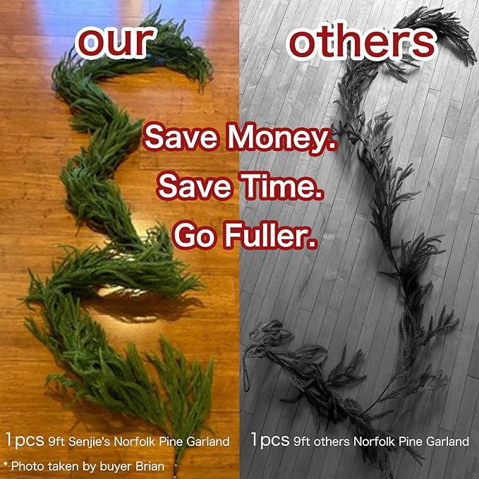 2PCS 9FT Christmas Garland Norfolk Pine Garland Real Touch Artificial Greenery Garland for Mantle Fireplace Table Indoor Outdoor Decor (Full)-Ruum Studio Home