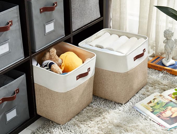 DECOMOMO Storage Cubes, 11x11 Cube Storage Bins, Baskets for Shelves (Beige & White, Cube 11" - 4 Pack)-Ruum Studio Home