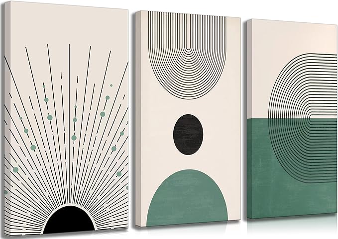 3 Pcs Sage Green Boho Canvas Wall Art Modern Abstract Minimalist Neutral Bohemian Sun Geometric Line Painting Picture Wall Decor Poster Print Artwork for Living Room Bedroom Home Decoration-Ruum Studio Home