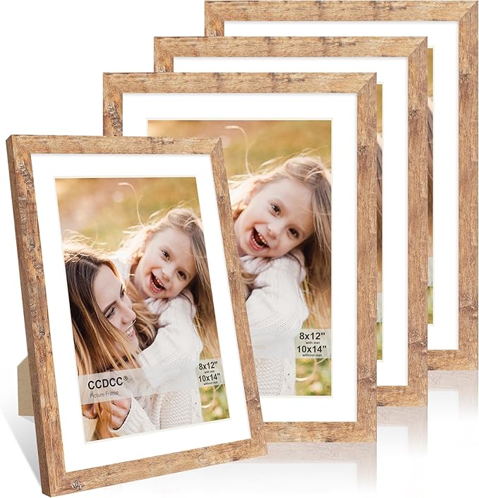 10x14 Picture Frame Set of 4, 10 x 14 Wood Photo Frames with Mat for 8x12 or 30x40cm Diamond Painting Art, Wooden Frame with Real Glass Cover for Wall and Tabletop Display,Brown-Ruum Studio Home