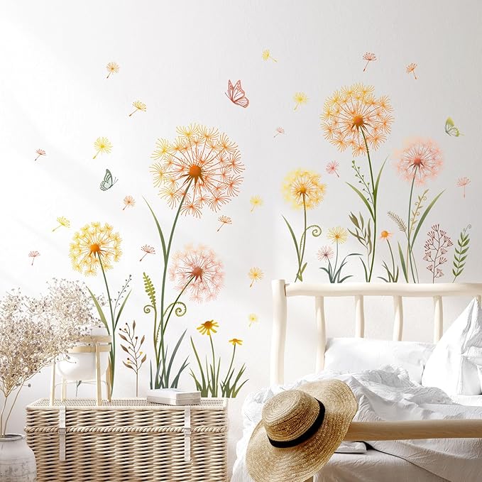 Dandelion Flower Butterfly Wall Decals Gold Dandelion Plants Floral Wall Stickers Peel and Stick Vinyl Wall Art Decor for Living Room Bedroom Office TV Sofa Backdrop Home Decor Gifts for Mom-Ruum Studio Home