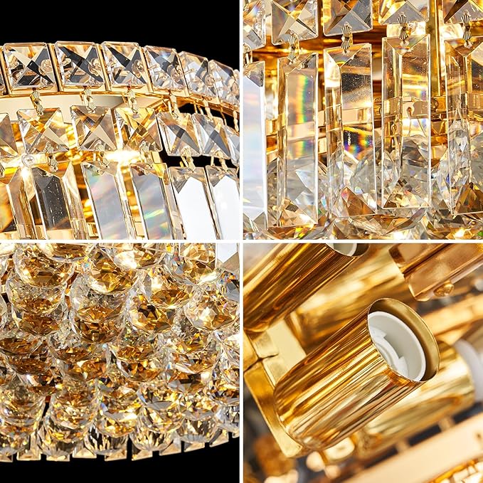 6-Lights Gold Crystal Flush Mount Chandelier Light Fixture K9 Crystals Modern Ceiling Lights Elegant Pendant Lamp for Bedroom,Hallway,Bar,Living Room,Dining Room,H5.9 xW20 (Bulbs Not Included)-Ruum Studio Home