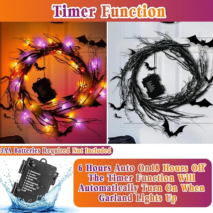[8 Modes & Timer] Halloween Decorations Willow Vine Twig Garland, 6 FT 54LED Willow Vine Twig Lights Orange Purple LED Lights for Indoor Wall Fireplace Halloween Decorations-Ruum Studio Home