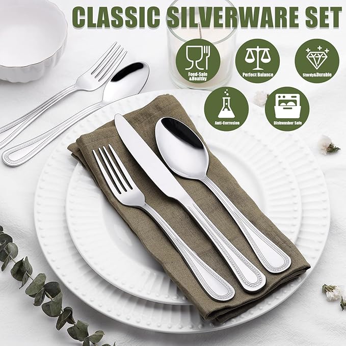 40 Piece Silverware Set for 8, Terlulu Stainless Steel Flatware Set, Mirror Polished Cutlery Set Utensil Set, Tableware Include Forks Spoons Knives for Home Restaurant, Beaded Handle, Dishwasher Safe-Ruum Studio Home