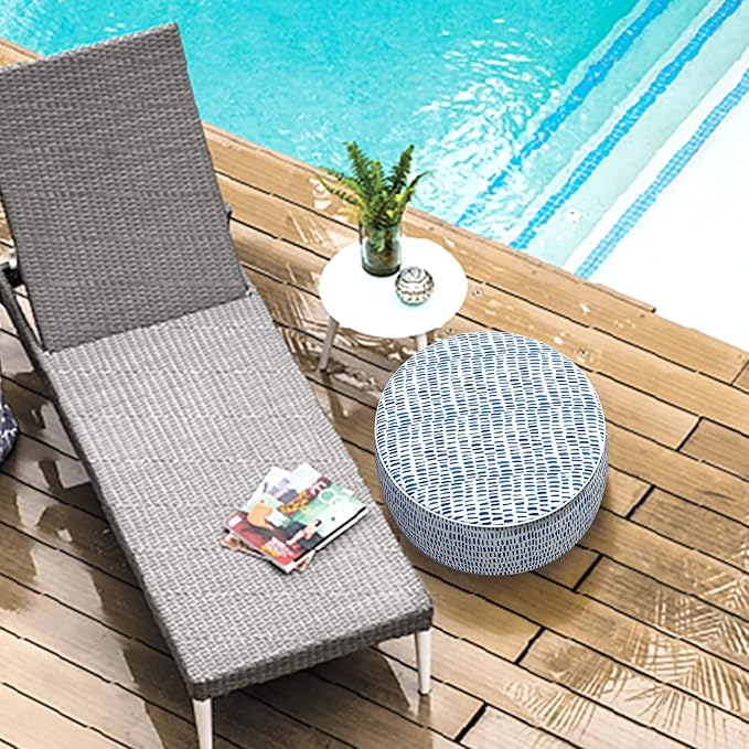 LVTXIII Outdoor Inflatable Ottoman Stool, Patio Water Repellent Footrest Stool with Handle, Portable Outside Round Ottoman for Patio Garden, Camping or Home Use, 21"x21"x9", Blue Pebble-Ruum Studio Home