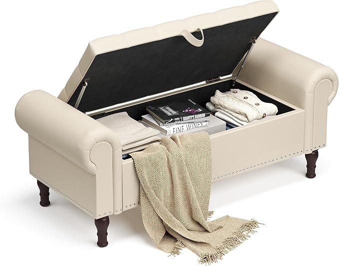 51" Storage Ottoman Bench for Bedroom, Full Queen Storage Bench with Button, Upholstered Bedroom Bench with Rolled Arms for Living Room, Storage Room, Entryway, Beige+Brown Legs-Ruum Studio Home