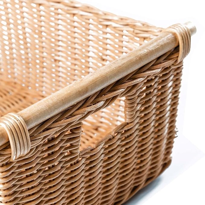 The Basket Lady Pole Handle Wicker Storage Basket, Small, 14 in L x 10 in W x 7.5 in H, Sandstone-Ruum Studio Home