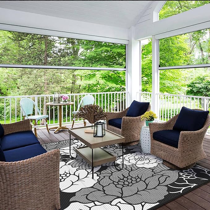 GENIMO Outdoor Rug Waterproof for Patio Decor, 8' x 10' Reversible Plastic Straw Floral Camping Carpet, Large Area Rugs Mats for RV, Camper, Deck, Balcony, Porch, Beach, Picnic, Mix-Black & White-Ruum Studio Home