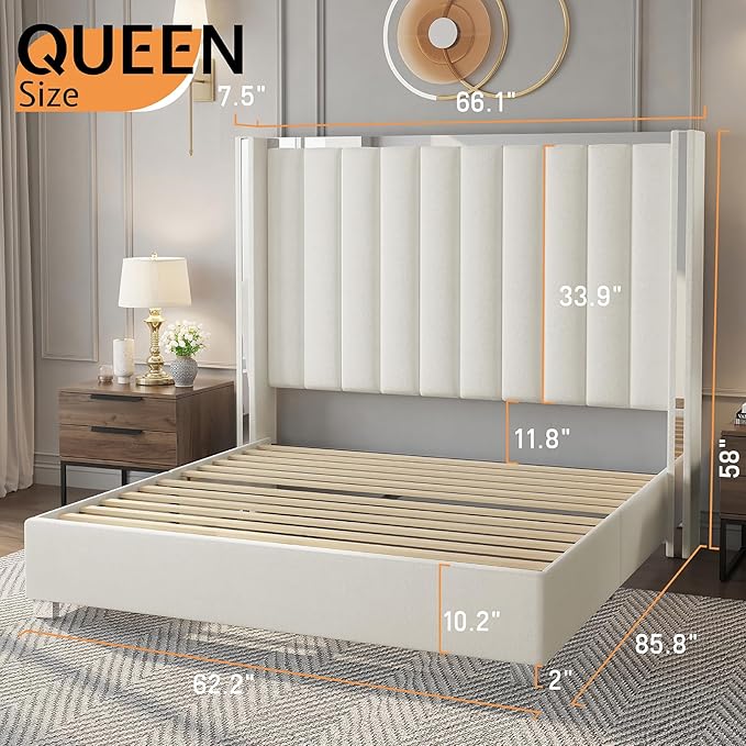 Jocisland Queen Size Bed Frame with 58" Tall Headboard, Platform Velvet Upholstered Bed with Channel Tufted Wingback Headboard and Plating Trim, No Box Spring Needed, White Cream-Ruum Studio Home