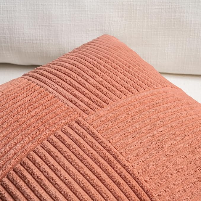 Fancy Homi 2 Packs Coral Decorative Throw Pillow Covers 18x18 Inch for Living Room Couch Bed, Rustic Farmhouse Boho Home Decor, Soft Corss Corduroy Patchwork Textured Peach Cushion Case 45x45 cm-Ruum Studio Home