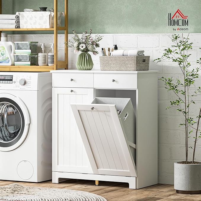 HOMCOM Laundry Hamper Cabinet with 2 Removable Baskets, Tilt Out Laundry Hamper Cabinet with 2 Drawers and 2 Beadboard Doors, Laundry Cabinet Bathroom Storage Cabinet, White-Ruum Studio Home