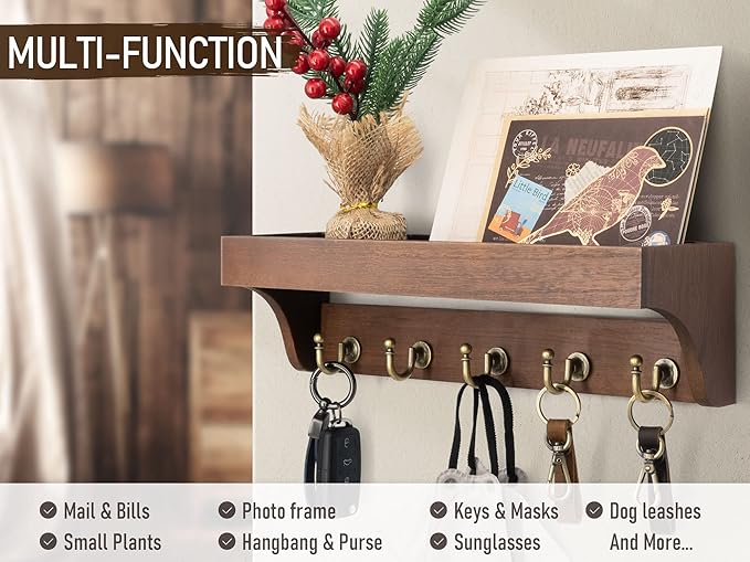 Rebee Vision Farmhouse Key Holder for Wall - Decorative Wooden Mail Organizer with 5 Rustic Key Hooks and Floating Shelf for Home Decor, Hallway, Entryway, Appartment (Retro Brown)-Ruum Studio Home