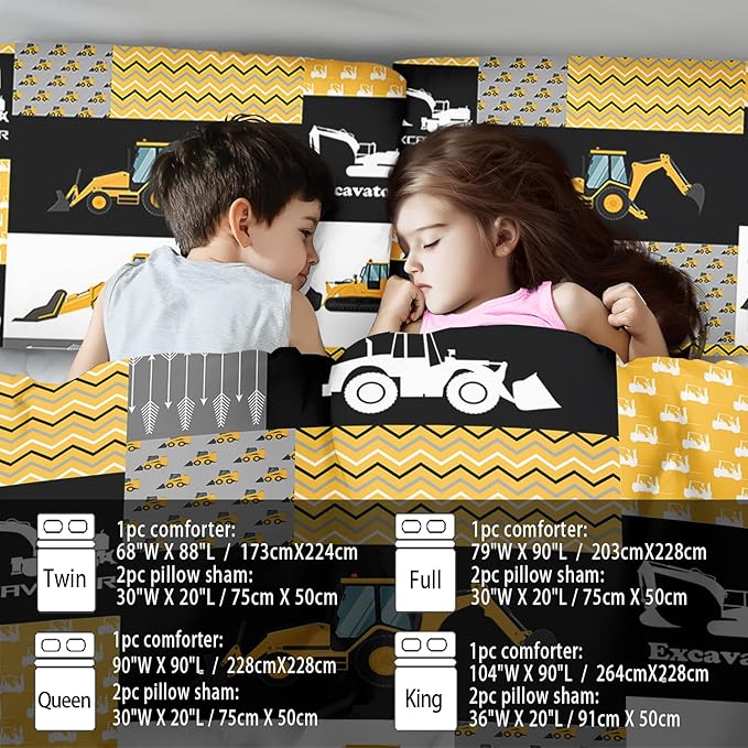 Construction Comforter Set Full Boys,Yellow Full Construction Bedding Set,Engineering Vehicles Comforter Yellow Bedroom Decor Kids,Truck Quilt Cartoon Truck Bedding for Teen-Ruum Studio Home