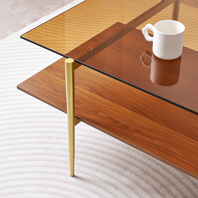 Extra Large Rectangle Glass Coffee Table, Mid-Century Modern Design for Living Room, L47 x W24 x H17, Amber Glass Top and Walnut MDF Shelf, Sleek Conical Metal Legs with Gold Finish-Ruum Studio Home