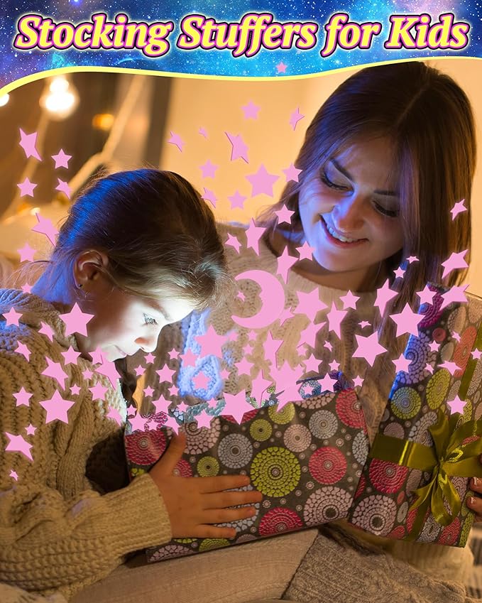 201 Pcs Glow in The Dark Stars Stickers for Ceiling, Pink Toddler Wall Room Decor Gifts, Luminous 3D Glowing Stars Stocking Stuffers for Kids Boys Girls-Ruum Studio Home