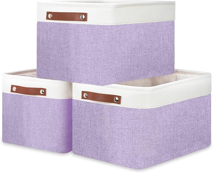 DULLEMELO Storage Baskets for Organizing, Shelves,Bedroom, Decorative Storage Bins with Leather Handles, Fabric Storage Basket for Office, Toys(3-Pack, White&Purple)-Ruum Studio Home