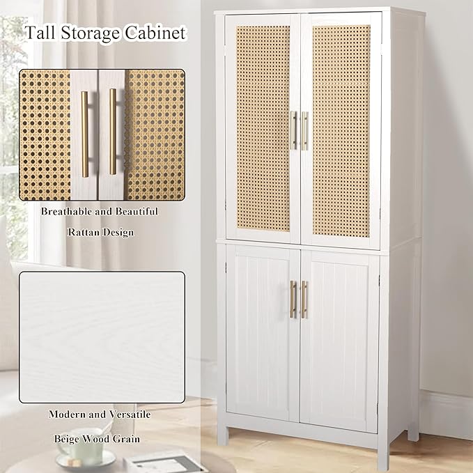 MISHAO 71" Kitchen Pantry Storage Cabinet, Tall Storage Cabinet with Rattan Doors & Adjustable Shelves, Freestanding Cupboard Wood Pantry for Kitchen, Living Room, Dining Room Hallway, White-Ruum Studio Home
