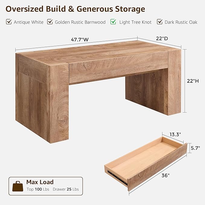 OKD 48" Modern Farmhouse Coffee Table, Wooden Living Room Table with Hidden Storage Drawer, Rustic Rectangular Center Tables w/Wood Thick Design for Living Room, Office, Light Knotty Wood-Ruum Studio Home