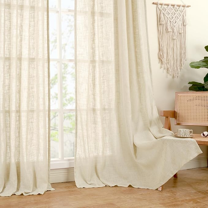 LAMIT Linen Curtains 95 inch for Living Room, Soft Thick Light Filtering Boho Window Textured Neutral Drapes Bronze Grommet for Bedroom Farmhouse, 2 Panels Set 52 x 95 Inch, Beige-Ruum Studio Home