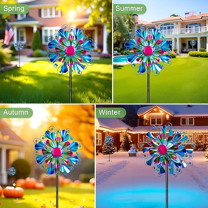60'' Wind Spinner with Color Glass Ball Solar Lights, Blue Peacock Feathers Metal Garden Outdoor Decor Yard Lawn Art Decor for Patio Kinetic Windmills Unique Gifts for Friends and Family-Ruum Studio Home