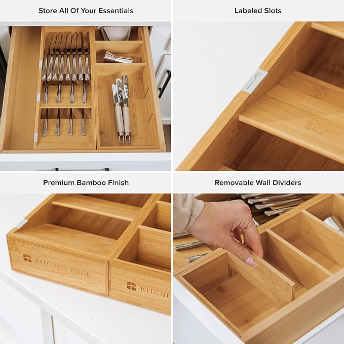 Premium Silverware and Utensil Drawer Organizers – Slanted 3-Compartment and 5-Compartment Design, Labeled Slots, Non-Slip Feet, 100% Sustainable Bamboo, 2 Pack-Ruum Studio Home